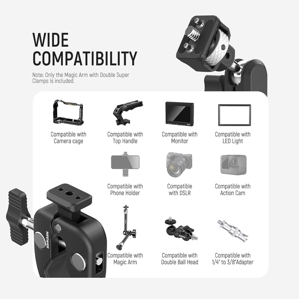 NEEWER Double Super Clamp Camera Mount with Magic Arm, NATO Interface, Cold Shoes, 1/4" Locating Holes for ARRI, Desk Studio Photography Light Stand Pole Cross Bar Umbrella Holder Clamp Mount, UA060