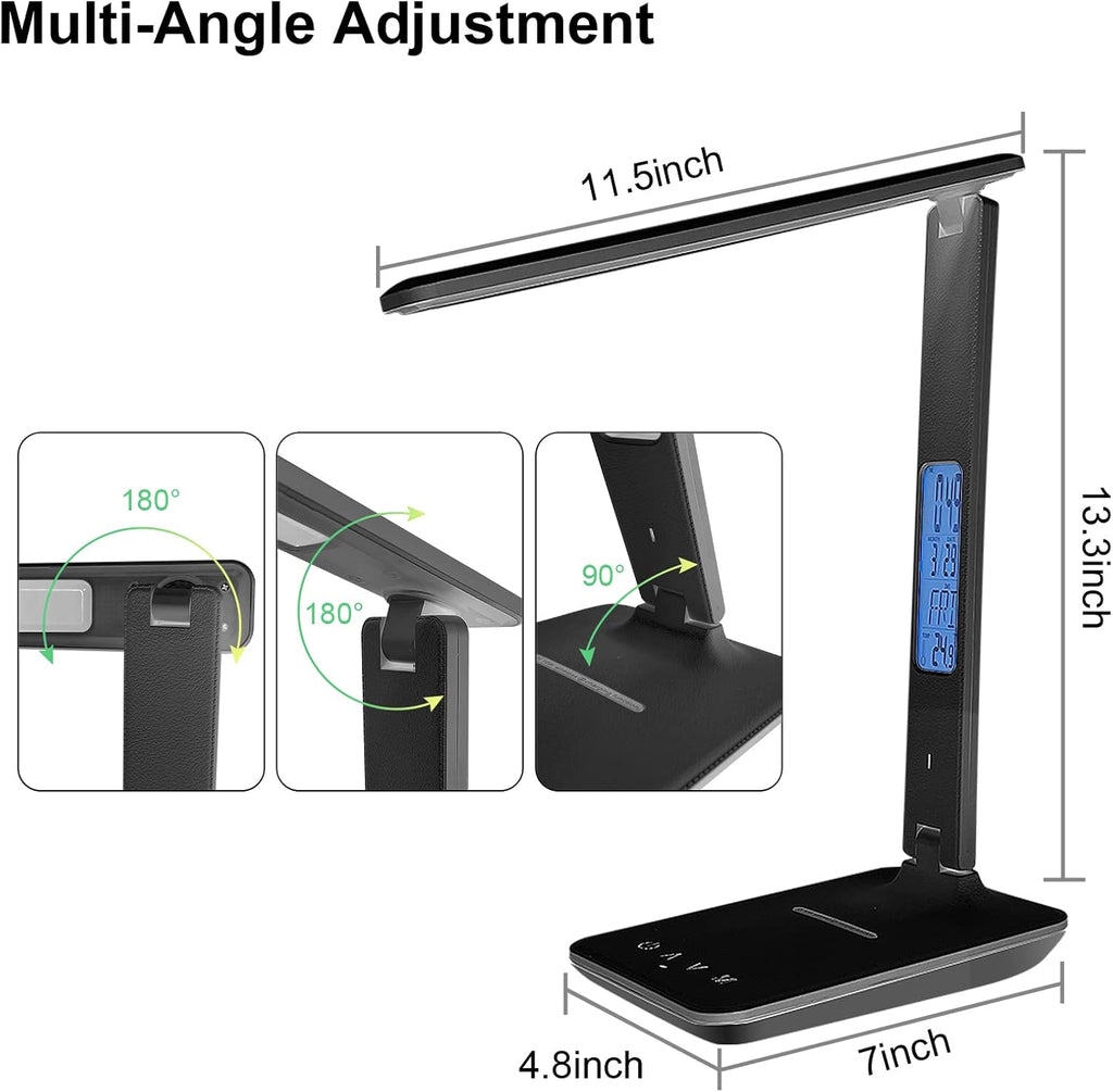 Desk Lamp with Wireless Charger，USB Charging Port, Dimmable Office Desk Light with Clock, Alarm, Date, Temperature, Foldable Lamp for Table Bedroom Bedside Office (Black, Standard Size-13.3 inch)