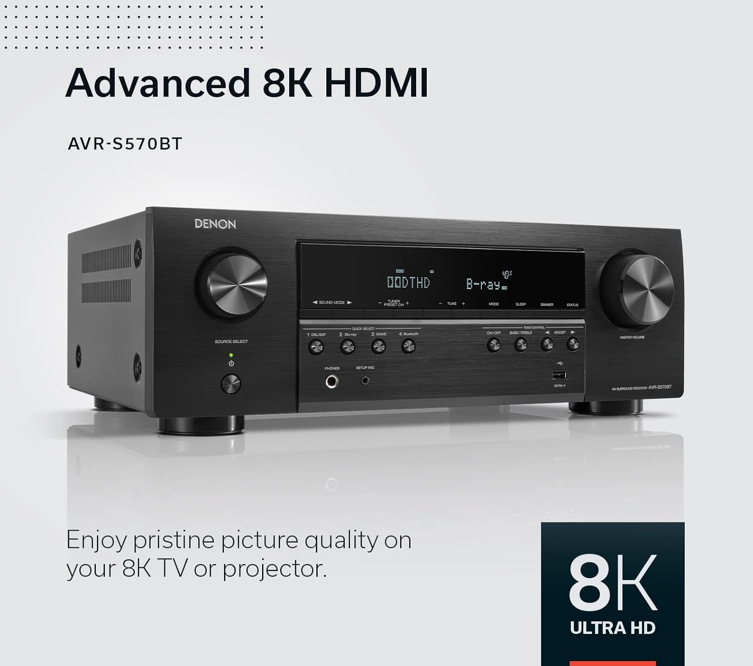 Denon AVR-S570BT 5.2 Channel AV Receiver - 8K Ultra HD Audio & Video, Enhanced Gaming Experience, Wireless Streaming via Built-in Bluetooth, (4) 8K HDMI Inputs, Supports eARC, HD Setup Assistant