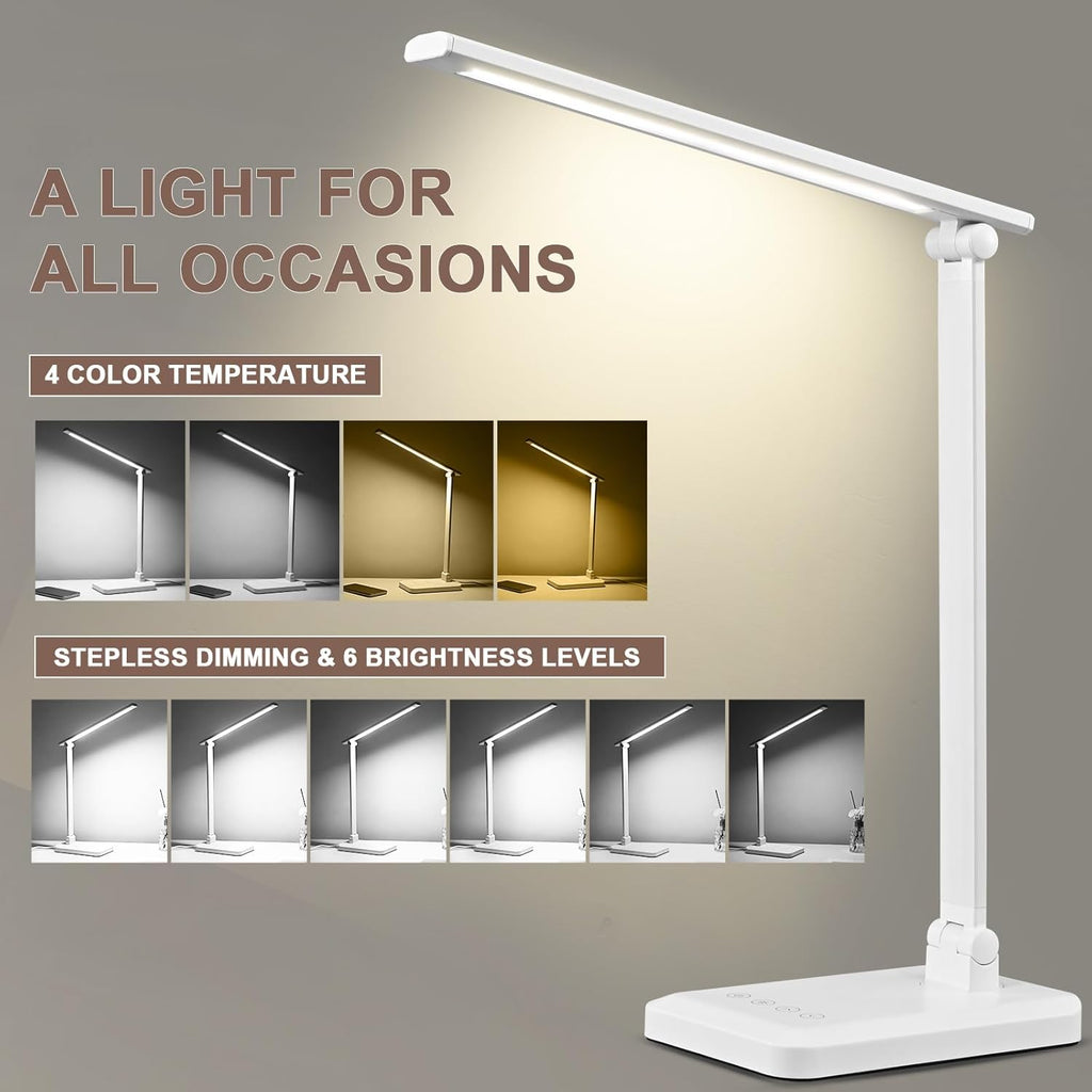 LED Desk Lamp with USB Charging Port Whole White for Home Office Essentials Table Lamp with Eye-Caring 4 Color Temperature Touch Control Stepless Dimming Desk Light for College Dorm