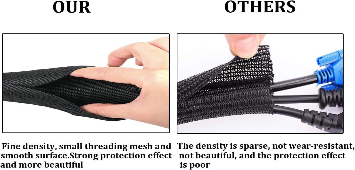 Black Braided Cable Management Sleeves Wire Loom Tubing Cord Protector Self-Wrapping (1/4"-30Feet)