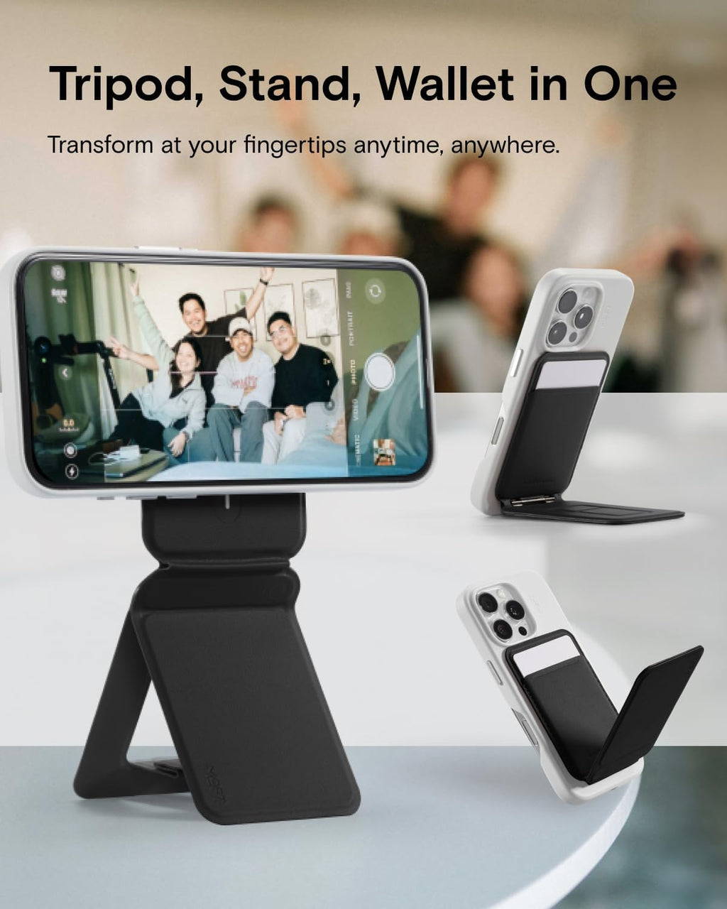 MOFT Phone Tripod Wallet, 3 in 1 Phone Stand MagSafe Wallet, NFC-Supported Magnetic Phone Stand, MOVAS Vegan Leather Adjustable Card Holder-Jet Black