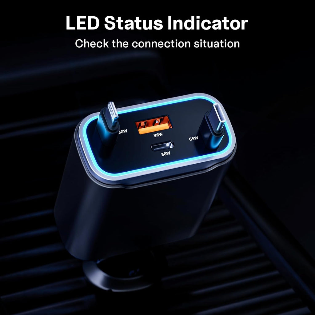 Retractable Car Charger USB C 131W 4-in-1 Fast Charging with 2 Retractable Cables Car Phone Charger Adapter for iPhone 16 15 14 13 Fast Charge Car Accessories, Gifts for Men Women