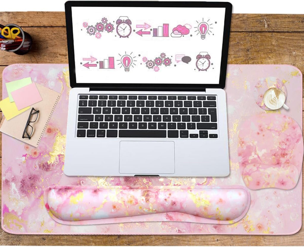 Keyboard Wrist Rest Large Mouse Pad Wrist Support for Computer, 4 in 1 Memory Foam Keyboard Pad Desk Mat Ergonomic Hand Rest Wrist Cushion for Home Office Gaming - Pink Gold