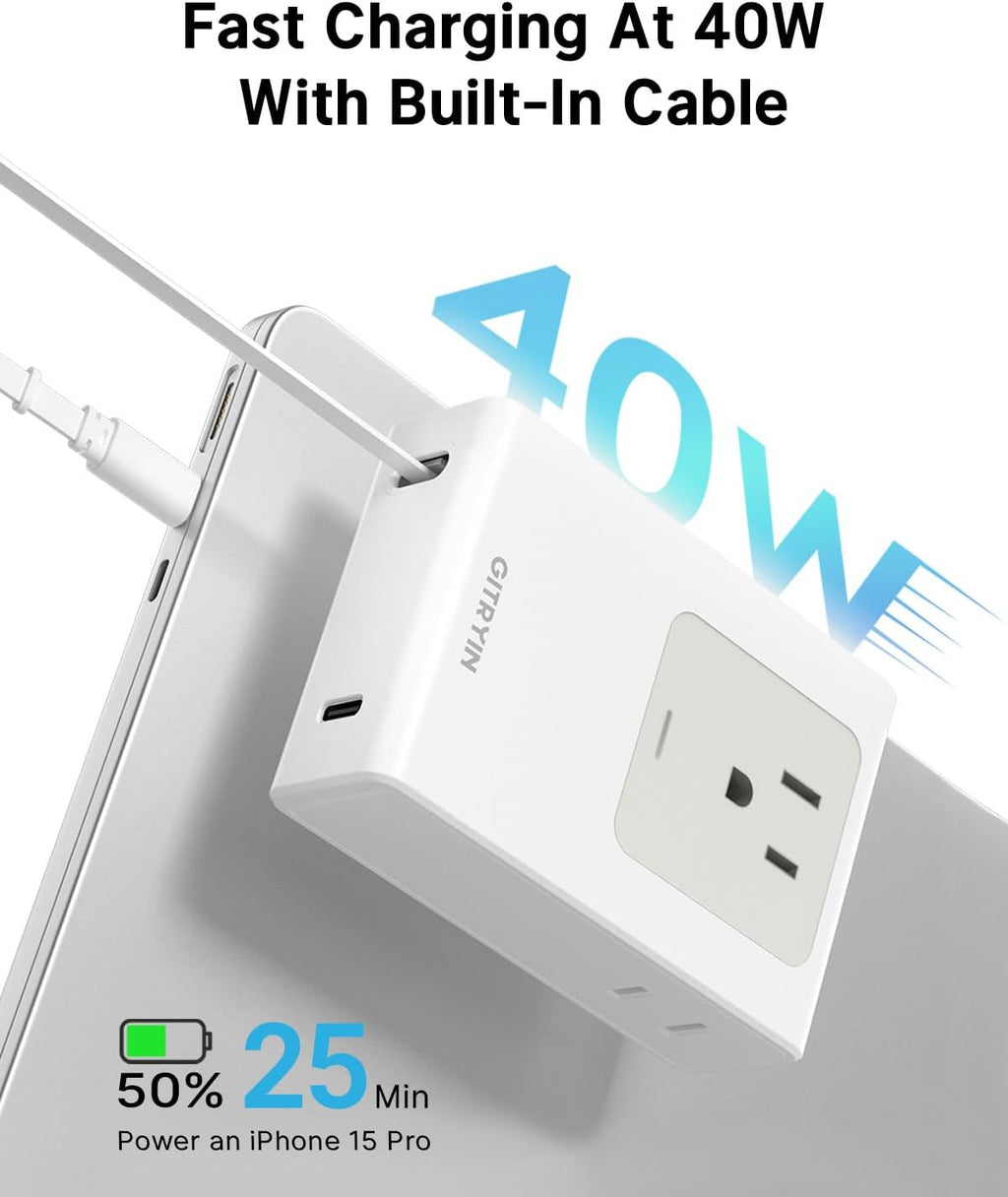 Flat USB C Wall Charger with 31.5in Retractable Type-C Cable, 5-in-1 Slim Wall Charger, 40W Fast Charging Power Plug with 3 Outlets 1 USB C Port, Type A Power Adapter for US to Japan Travel
