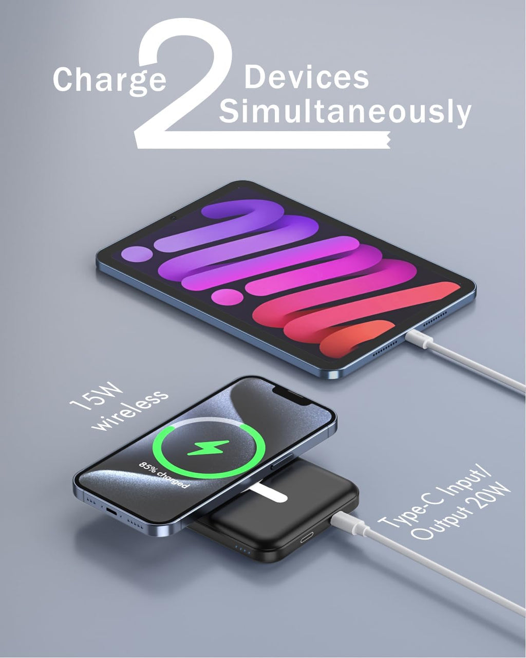 podoru for Magsafe Battery Pack, 5000mAh Magnetic Power Bank with Type-C Cable 20W PD Fast Charging Lighting Input Wireless Portable Charger for iPhone 16/15/14/13/12/ All Series-Black