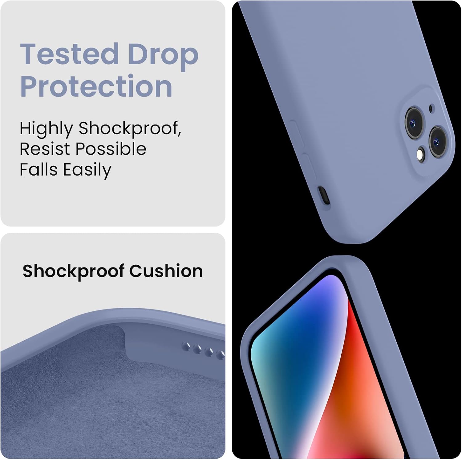 FireNova Designed for iPhone 13 Case, Silicone Upgraded [Camera Protection] Phone Case with [2 Screen Protectors], Soft Anti-Scratch Microfiber Lining Inside, 6.1 inch, Lavender Gray