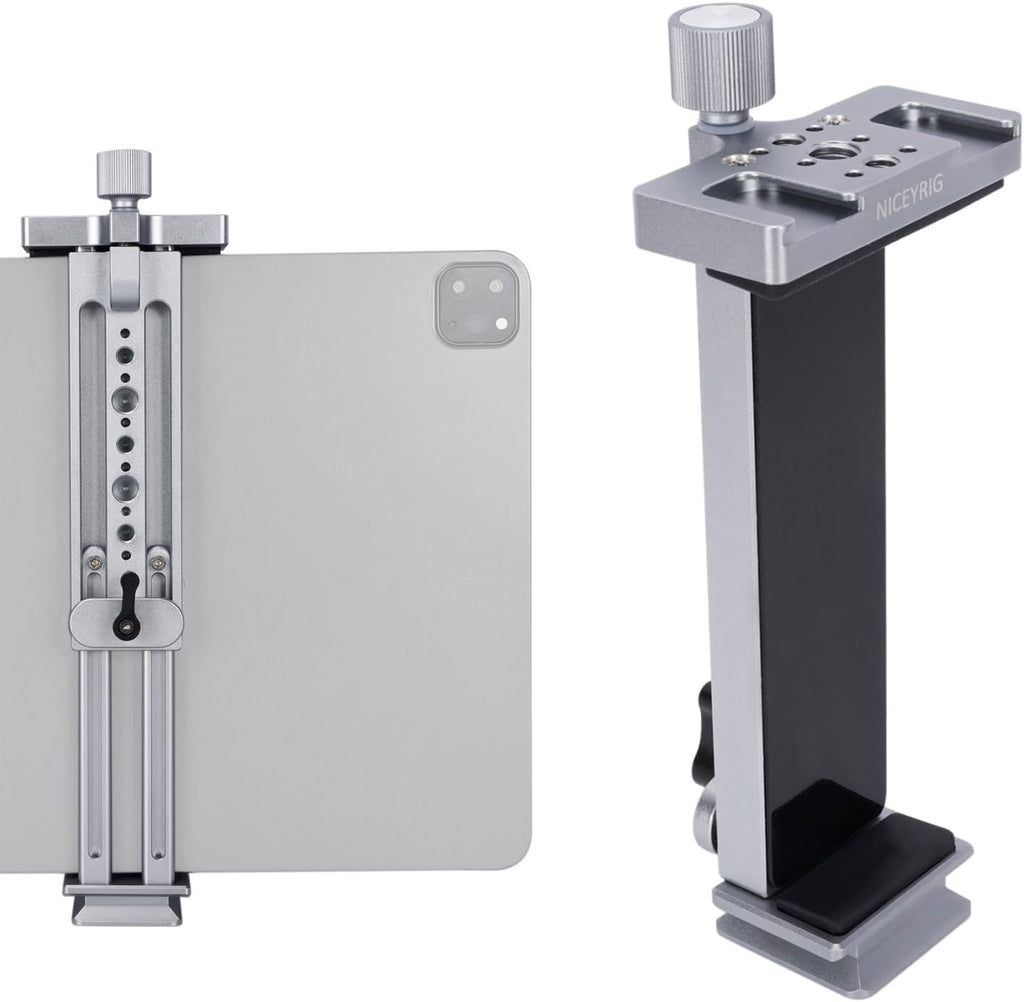 NICEYRIG Tablet Tripod Mount Aluminum Holder for iPad mini 8.3'' 7.9'', iPad Air, iPad Pro, 130mm - 223mm Adjustable Mounting Clamp with Double Locking Points, Quick Release Plate for Arca-style - 616