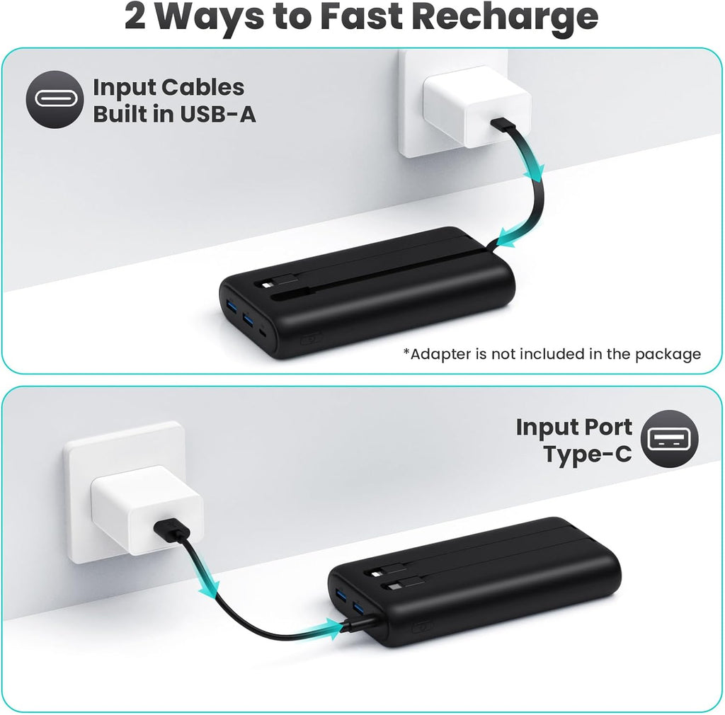 Portable Charger 40,800mAh Power Bank 25W Portable Battery Pack with 2 Built in Cables [2024 Upgraded], PD QC4.0 Fast Charging Portable Phone Charger Compatible with iPhone 16/15,Android Samsung-Black