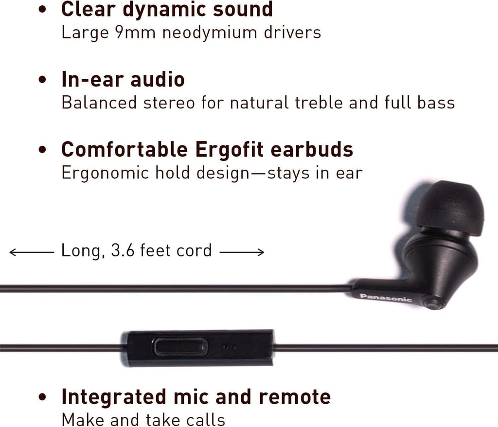 Panasonic ErgoFit Wired Earbuds With Microphone, 3.5mm Jack Wired Headphones with Mic and Call Controller, Ergonomic Custom-Fit Earpieces (S/M/L), for Phones and Laptops - RP-TCM125-KA (Matte Black)