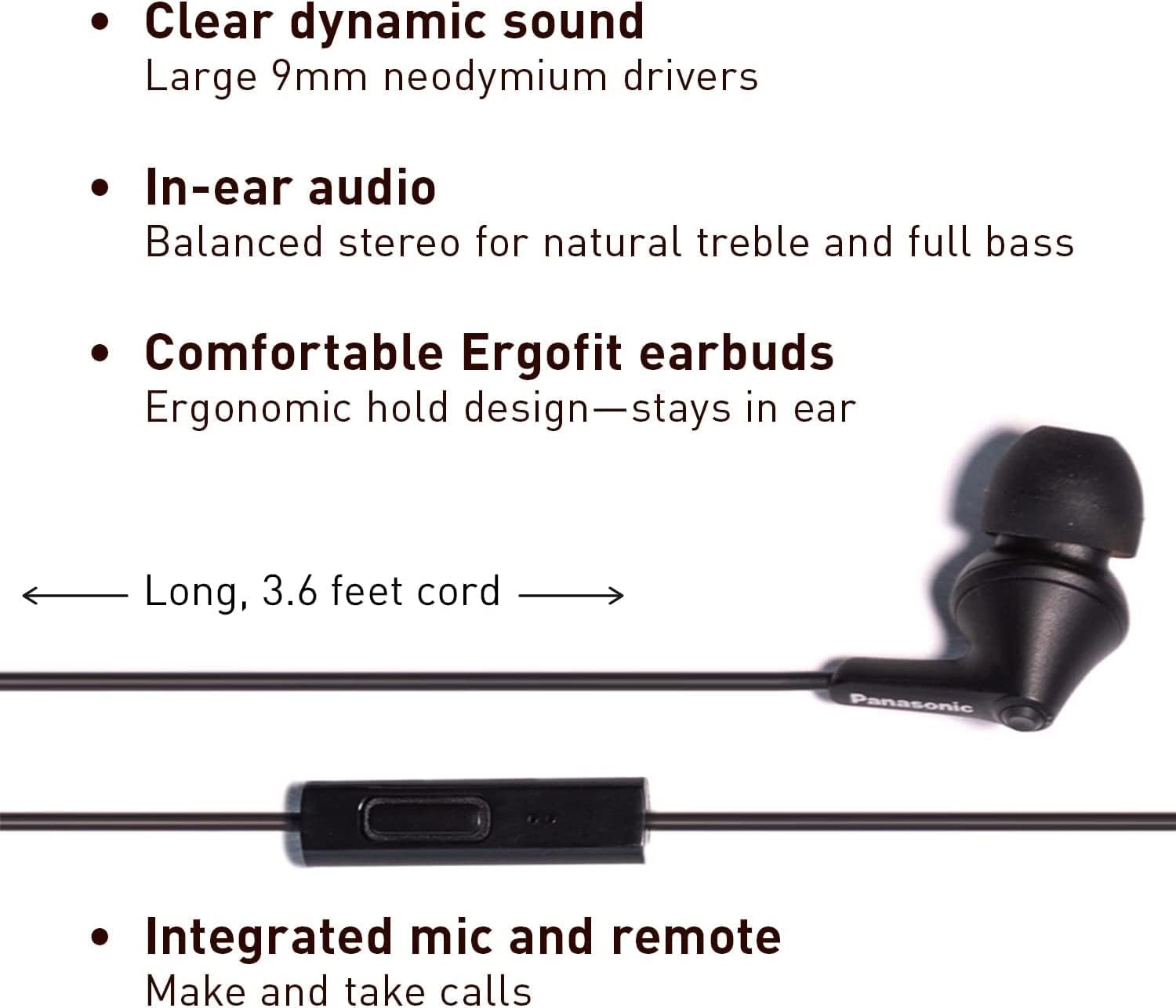 Panasonic ErgoFit Wired Earbuds With Microphone, 3.5mm Jack Wired Headphones with Mic and Call Controller, Ergonomic Custom-Fit Earpieces (S/M/L), for Phones and Laptops - RP-TCM125-KA (Matte Black)