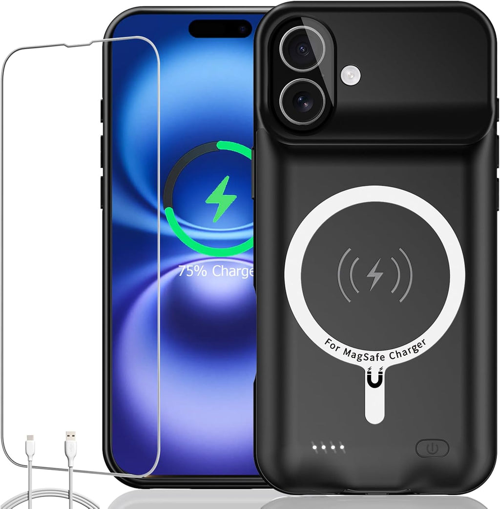 Battery Case for iPhone 16, Upgraded 10000mAh Ultra-Slim Rechargeable Portable Extended Battery Pack Support Qi Wireless Charging Case Compatible with iPhone 16 (6.1 inch) Charger Case Cover(Black)