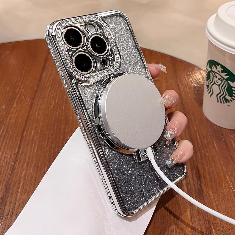 Magnetic Kickstand (Glitter Lens Protector ) Case for iPhone 15 14 13 12 Pro Max (Compatible with Magsafe ) Sparkling Diamond Cover Glitter Shiny Rhinestone Cases (Black,for iPhone 14 Pro Max)