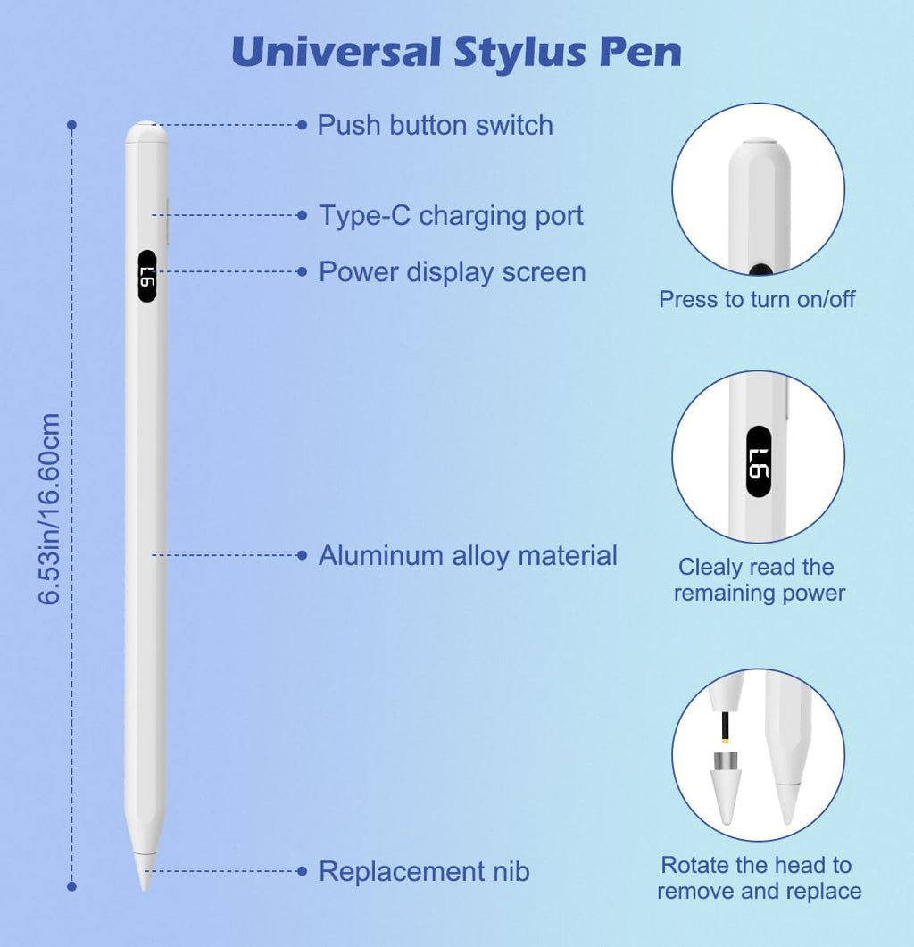 MoKo Stylus Pens for Touch Screens, Fast Charge Stylus Pen for Apple iPad/iPhone/Samsung/Lenovo/iOS/Android Tablets&Smart Phone Universal Stylus Capacitive Screen Pencil with Power Display, White