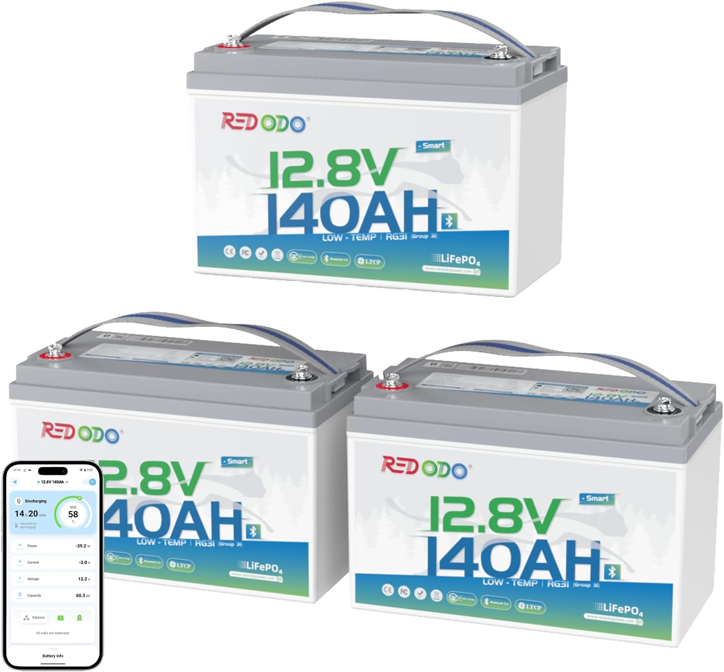 Redodo 12V 140Ah LiFePO4 Battery Group31, 10-Year Lifespan, 150A BMS & Bluetooth Monitoring, Ideal for RVs, Solar, Marine, Boat, Solar and Off-Grid 3 Pack