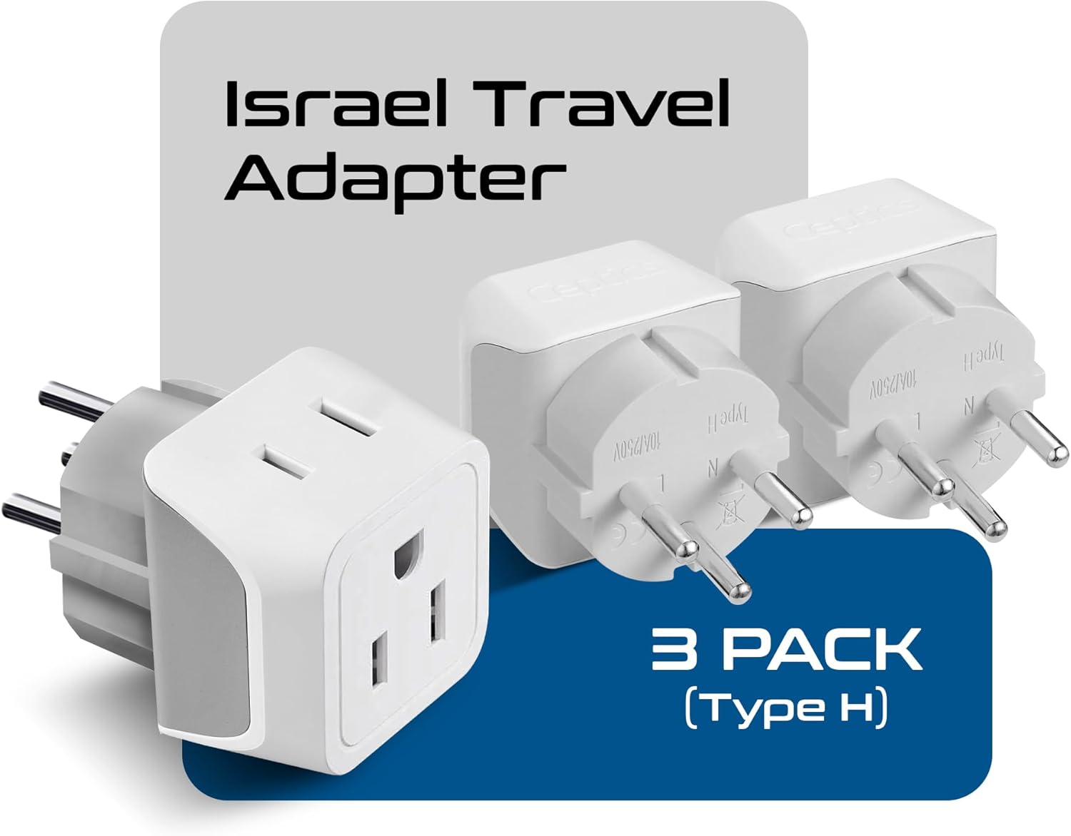 Ceptics Israel Plug Adapter - 2 in 1 Type H Adapter, US to Jersusalem Plug Adapter - Israel, Palestine Travel Adapter Plug, - Dual USA Inputs, CE, RoHS - 3 Pack