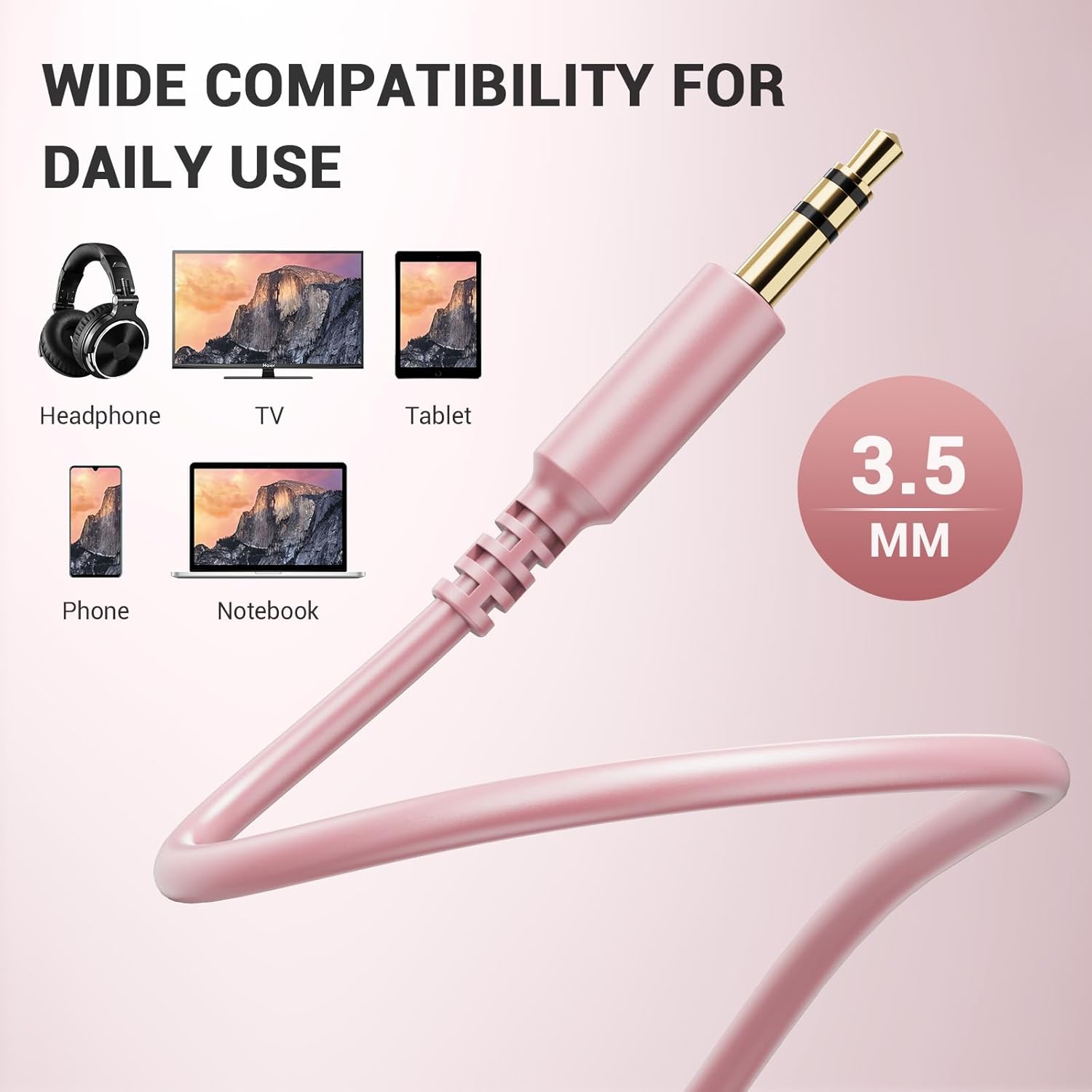 OneOdio 6.35mm to 3.5mm 6.6-9.8FT Stereo Adapter Cable Compatible with AMPs, Electronic Keyboards, Mixers, Guitars and Pro10/Pro30/Pro50 Headphones of OneOdio- Rose Gold