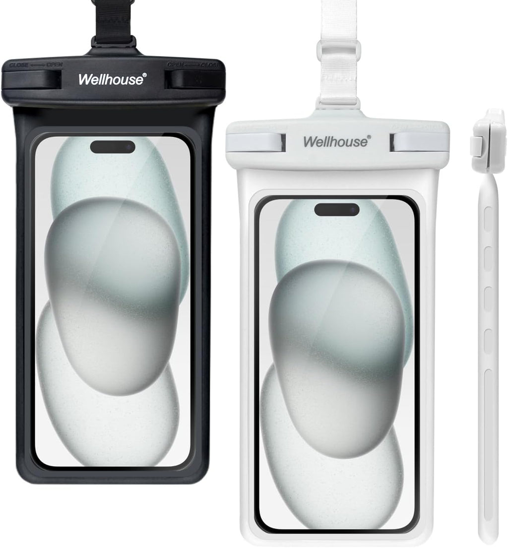 wellhouse Waterproof Phone Pouch, Waterproof Phone Case for iPhone 16 15 14 13 12 Pro Max XS Samsung, IPX8 3D Cellphone Dry Bag Beach Essentials (2 Pack - Black & White7.0, 7 inch)