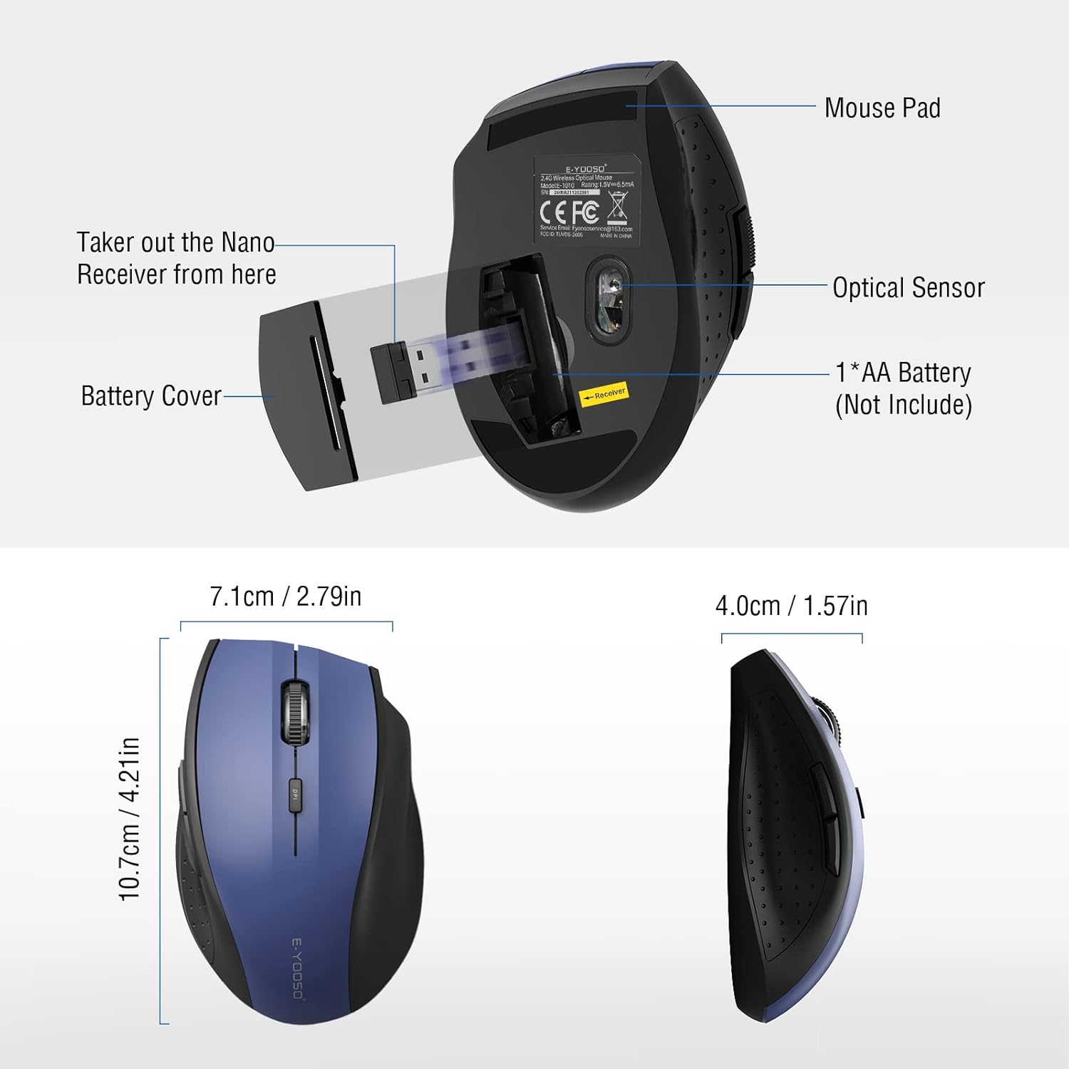 E-YOOSO Wireless Mouse for Laptop, Portable Optical Computer Mouse, 6 Buttons, Cordless 2.4GHz with USB Receiver, 5-Level 4800 DPI, 18 Months Battery Life, for PC, Chromebook, Windows, Mac(Blue)