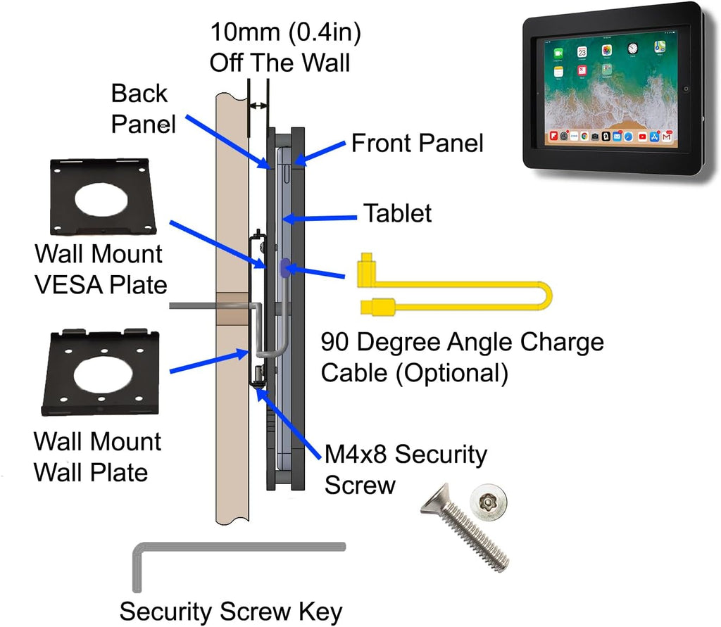 TABcare Anti-Theft Acrylic VESA Enclosure for Apple iPad Pro 11" 2024 (5th gen) with Free Wall Mount Kit & 90-Degree Angle USB C Cable (iPad Pro 11 2024, White)