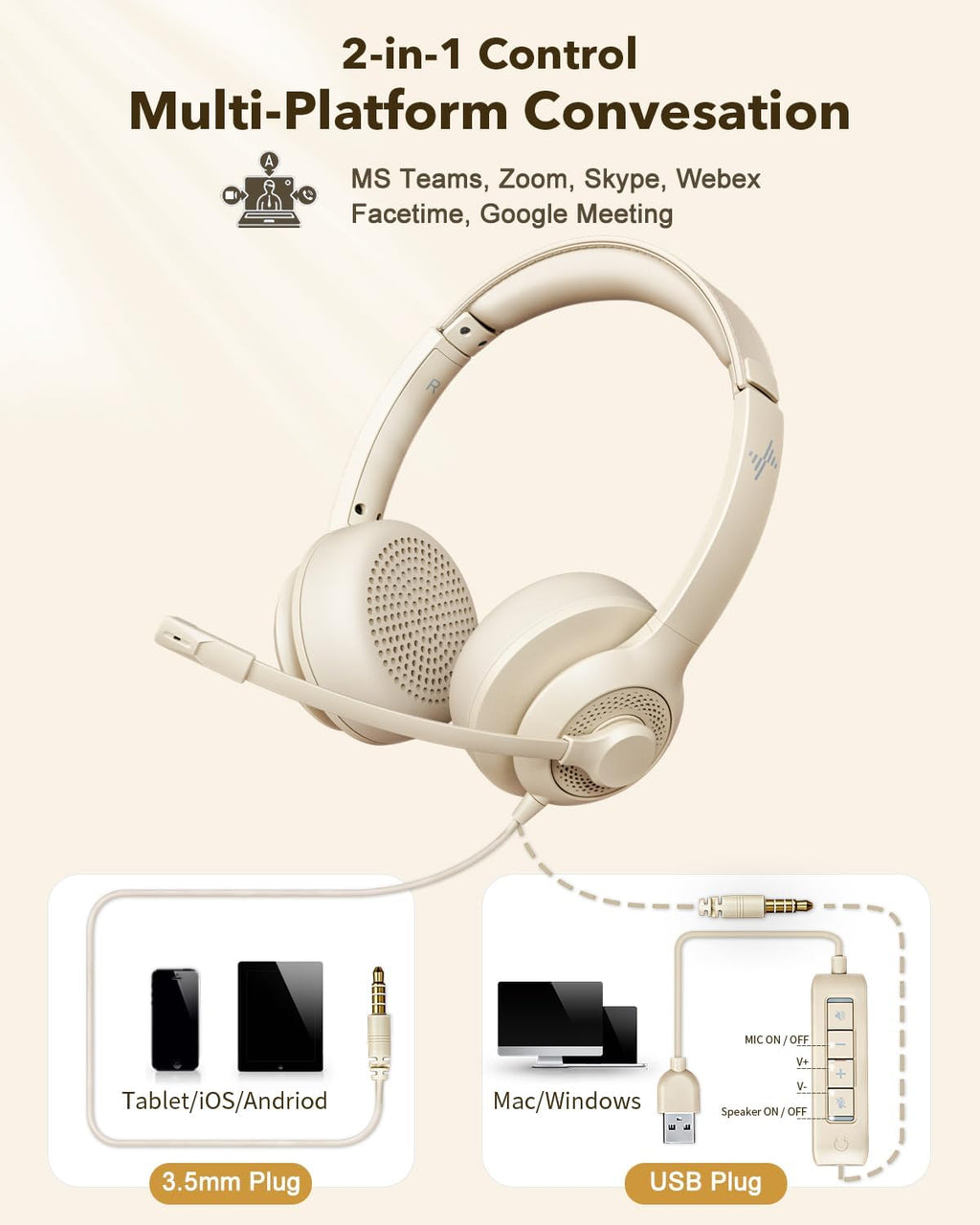 USB Headset with Microphone for PC, On-Ear Computer Laptop Headphones with Noise Cancelling Mic in-line Control for Home Office Online Class Zoom (USB+3.5mm, Apricot)