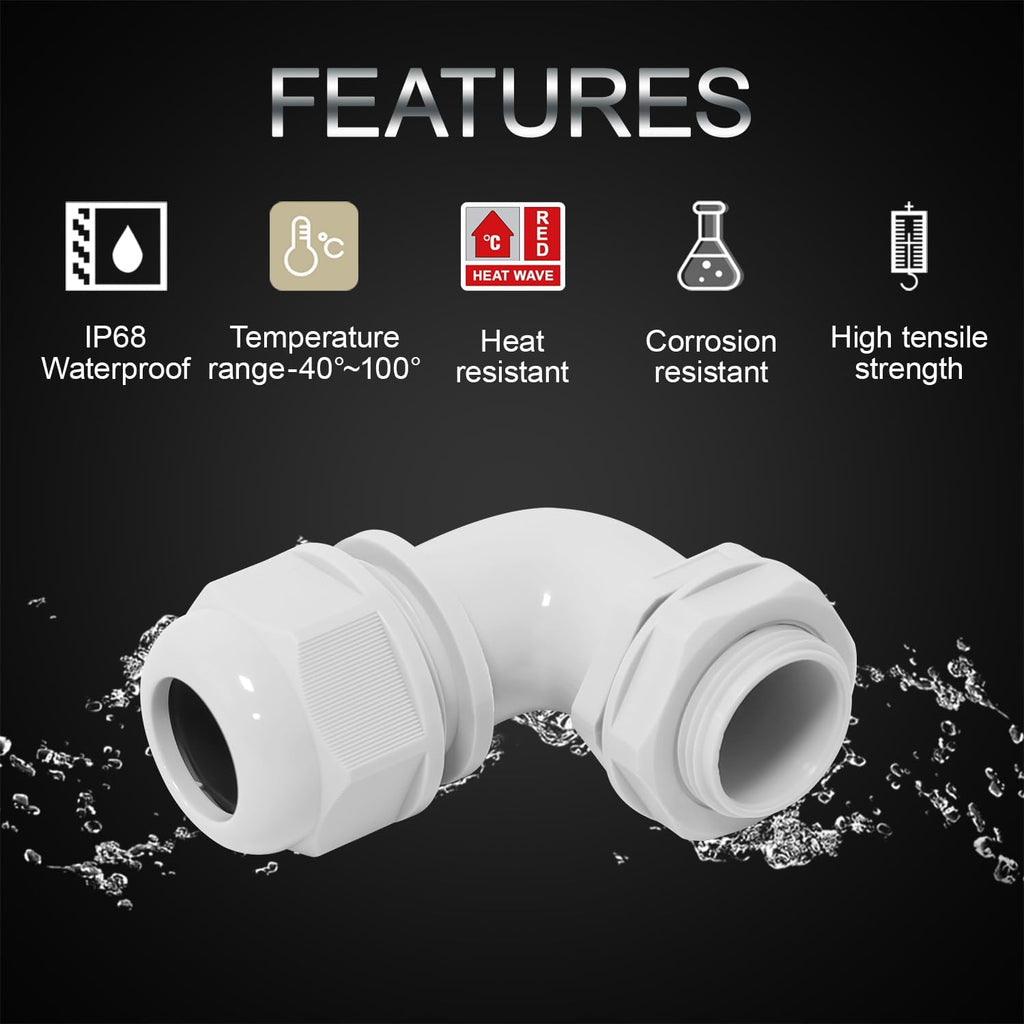 LeMotech M20 Cable Gland, 90 Degree Adjustable 9-14mm Strain Relief, Cord Connectors Nylon Joints with Gaskets, 6 Pcs, Grey