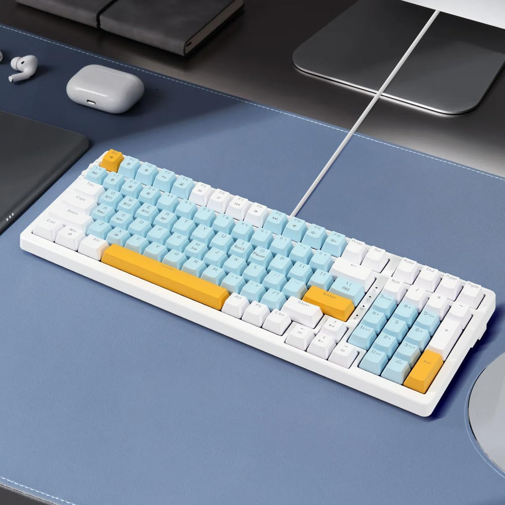 Wireless Mechanical Keyboard, Triple Mode 2.4G/USB-C/BT Gaming Keyboards 100 Keys Ice-Blue Backlit, Red Switch Keyboard | Rechargeable Mechanical Gaming Keyboards | Ice Blue/W/Y