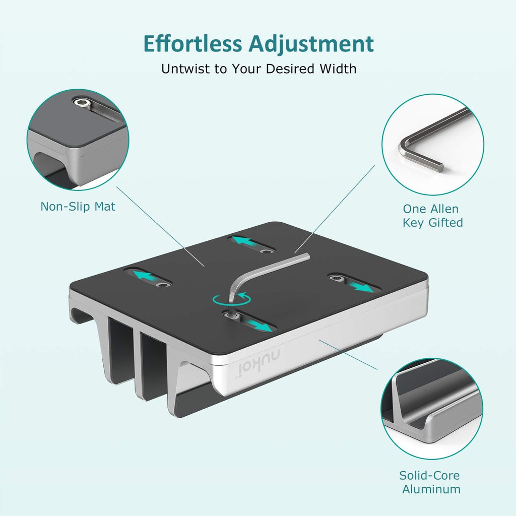 Vertical Laptop Stand - SPACEMax Adjustable GRIPLock Anti-Tip Silicone 4 Slots Aluminum Desktop Holder - Double Dock Stand - 2 Phone Slots Fits Up to 17.3” Laptops, Tablets, Phones - Silver