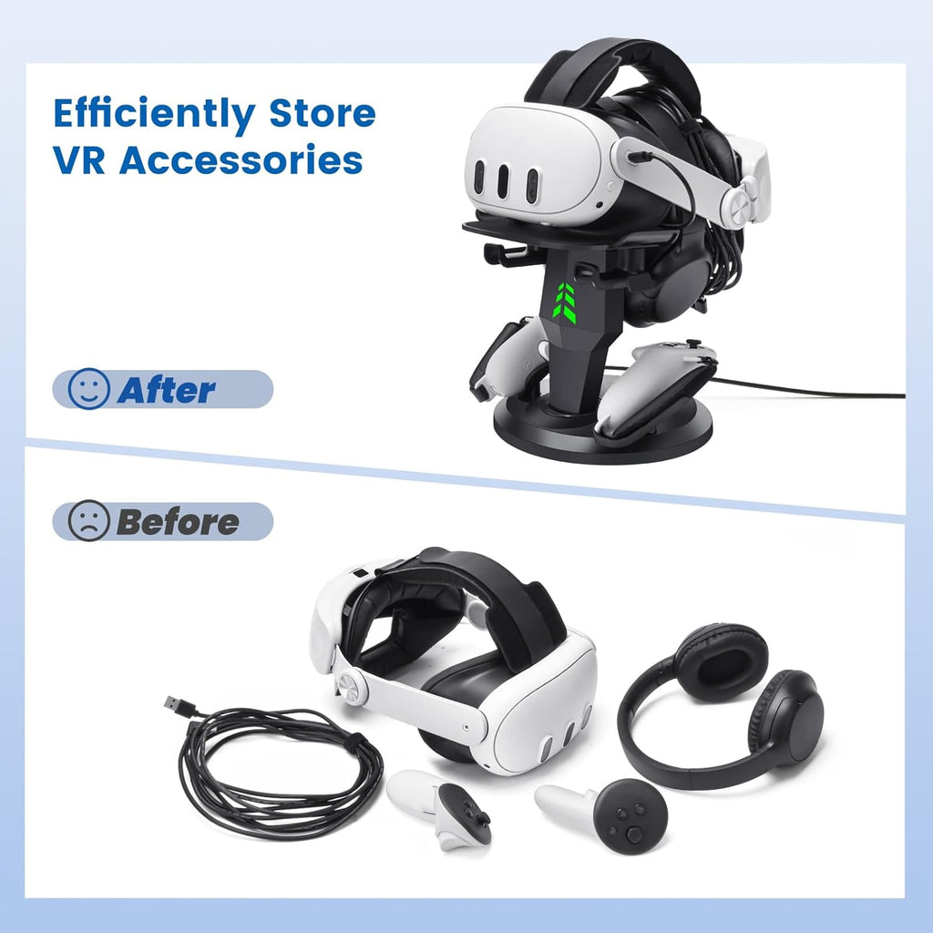 VR Headset Charging Dock for Meta Quest 3/Quest 3S/Quest 2, VR Charging Stand for Quest 3 Accessories VR Stand Supports Charging Headset with Type C Cable and fit Controller with Cover