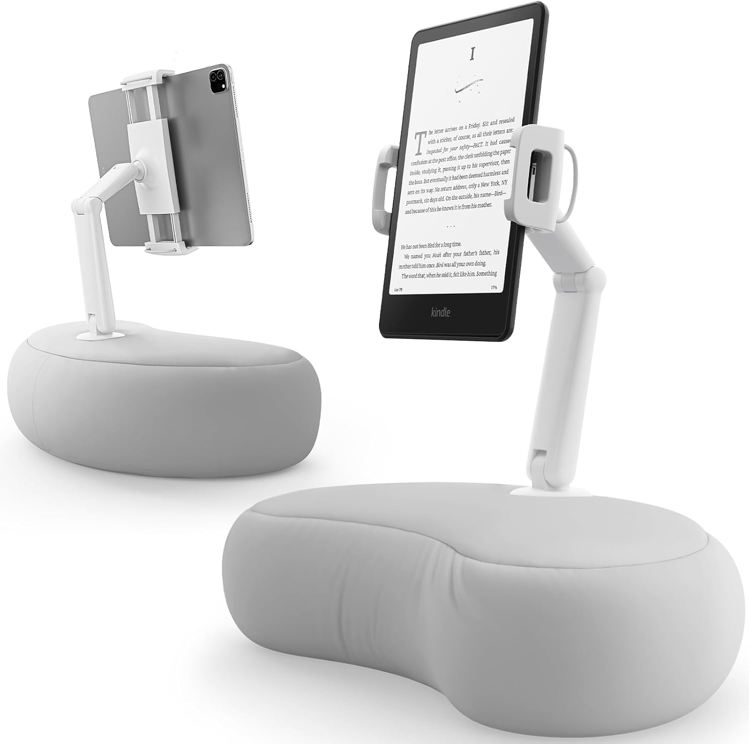 SAIJI Kindle Pillow Stand, iPad Stand Compatible with 4.7”-15.6” Kindle, Phone, iPad, 360° Adjustable Tablet Holder for Bed with Flexible Dual Axis Arm and Microbead Cushion (Gray)