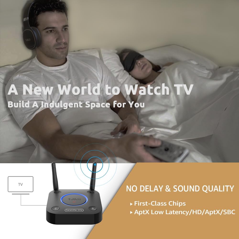 1Mii B06TX Bluetooth 5.2 Transmitter for TV to Wireless Headphone/Speaker, Bluetooth Adapter for TV w/Volume Control, AUX/RCA/Optical/Coaxial Audio Inputs, Plug n Play, aptX Low Latency & HD