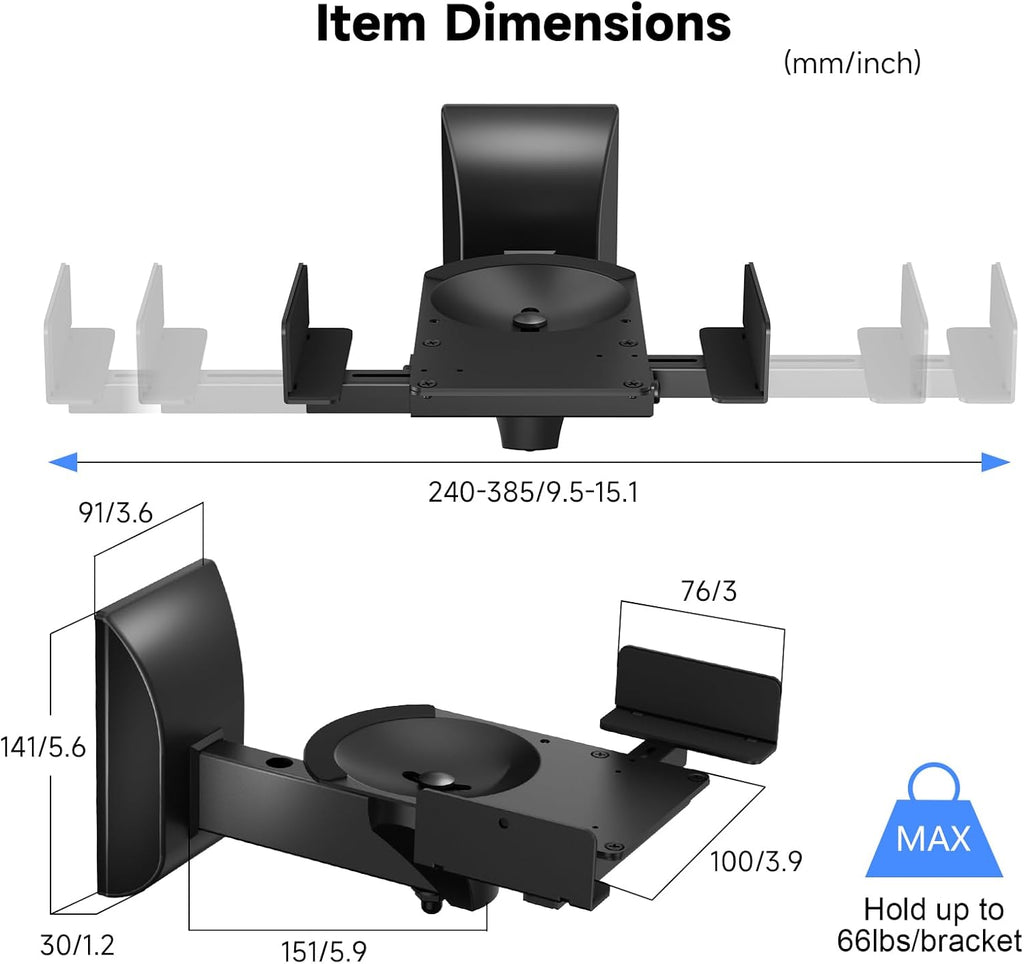 suptek Large Dual Side Clamping Bookshelf Speaker Wall Mounting Bracket for Large Surrounding Sound Speakers, Hold up to 66lbs Black SPM201XL
