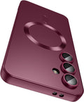 Magnetic for Samsung Galaxy S24 Plus Case [Compatible with MagSafe][Built-in Camera Lens Protector] Slim Soft Silicone Bumper Shockproof Metallic Luster Phone Case (Burgundy)