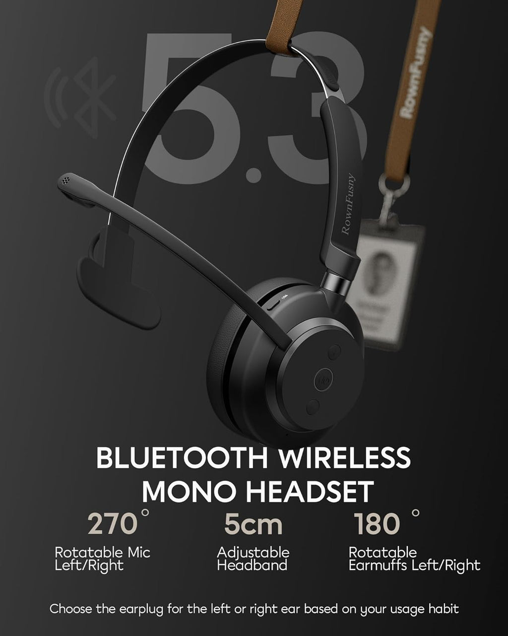 Bluetooth Headphones Wireless Headset with Mic for Work-V5.3 Computer Headsets with Noise Reduction Microphone, 2.4Ghz USB Dongle & Mute Button for PC, Laptop, Office, Home
