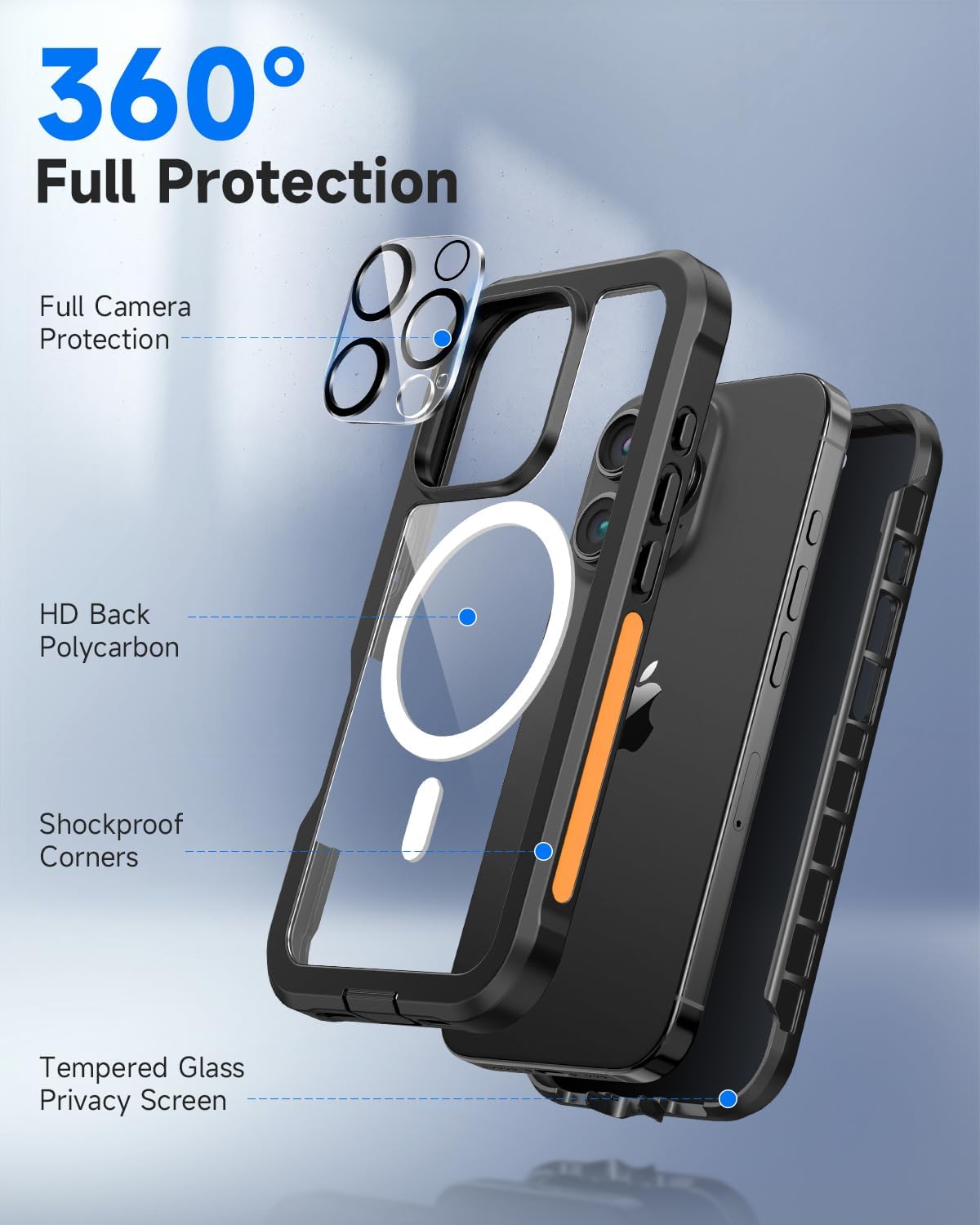 seacosmo for iPhone 16 Pro Max Case, Full Body Bumper with Built-in 9H Tempered Glass Privacy Screen Protector and Camera Lens Protector, Compatible with MagSafe, Shockproof Phone Cover, 6.9", Black