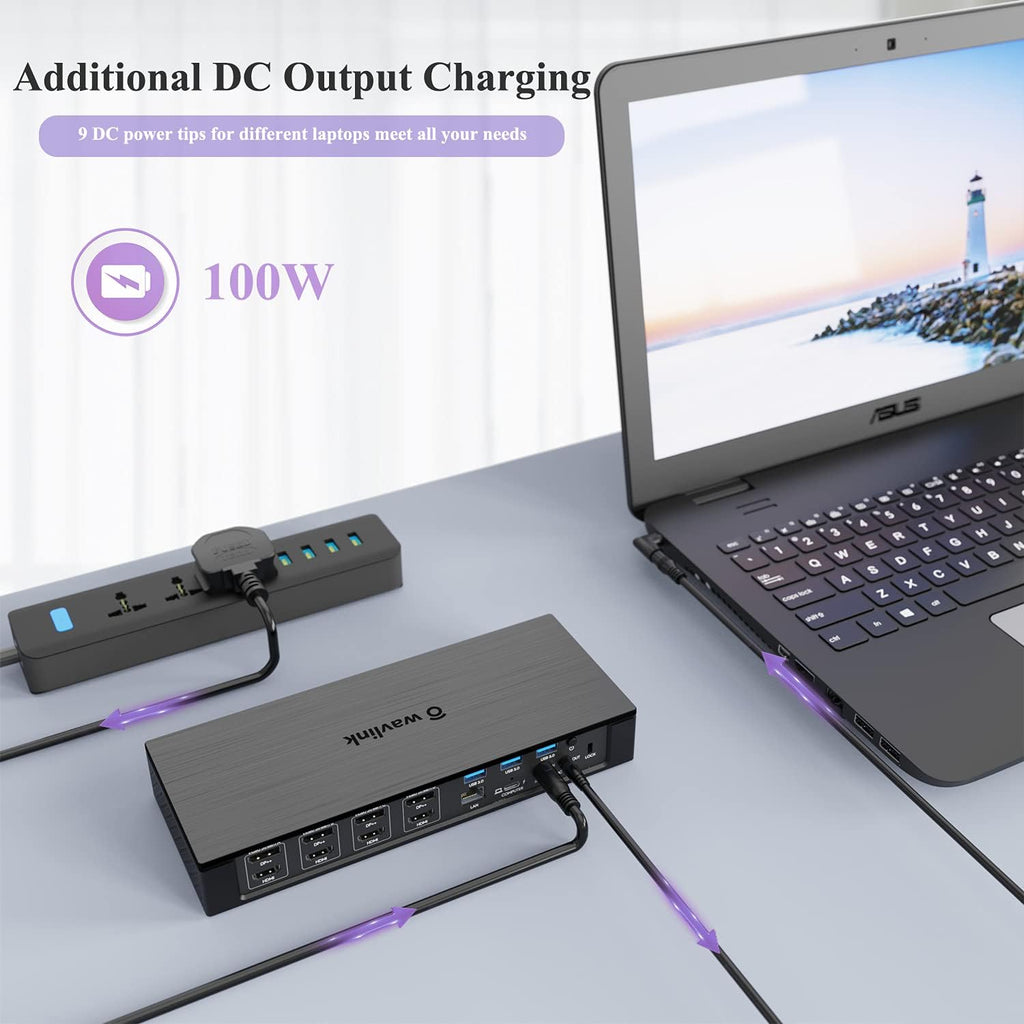 WAVLINK DisplayLink Laptop Docking Station - Quad Monitor 5K/4K@60Hz, 100W Charging - Thunderbolt 4/3, USB-C/A - M1 M2 Mac/Windows/Chrome/Ubuntu - 4 HDMI, 4 DP, 180W Power, SD 4.0 CR, 2.5Gbps LAN