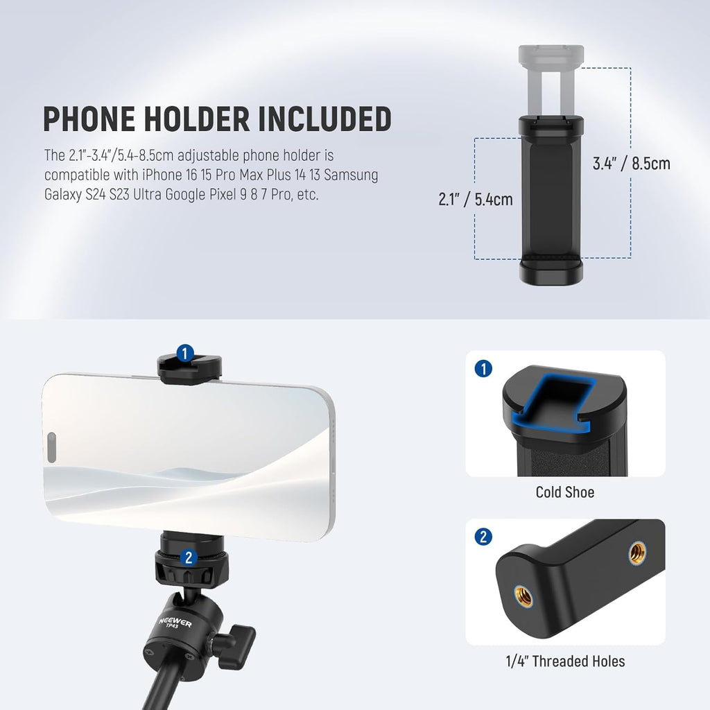 NEEWER Basics Mini Desk Selfie Stick Tripod Compatible with iPhone GoPro Insta360 DJI, Portable Small Camera Webcam Android Cell Phone Holder Ball Head Elevated Axis Video Recording Stand, TP43 Black