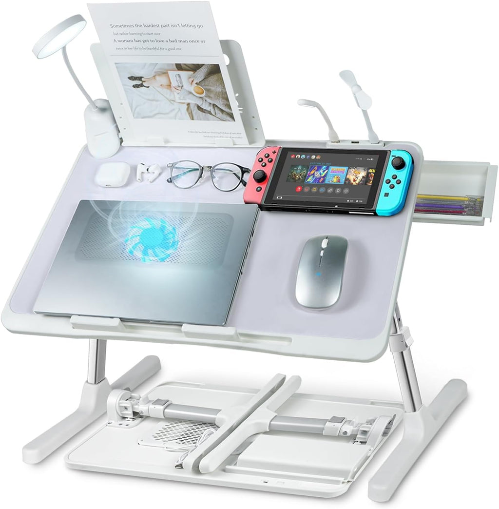 Laptop Lap Desk with Cooling Fan - Adjustable with Light, USB, Storage Drawer - Folding Bed Desk,22.04"*12.59",Grey