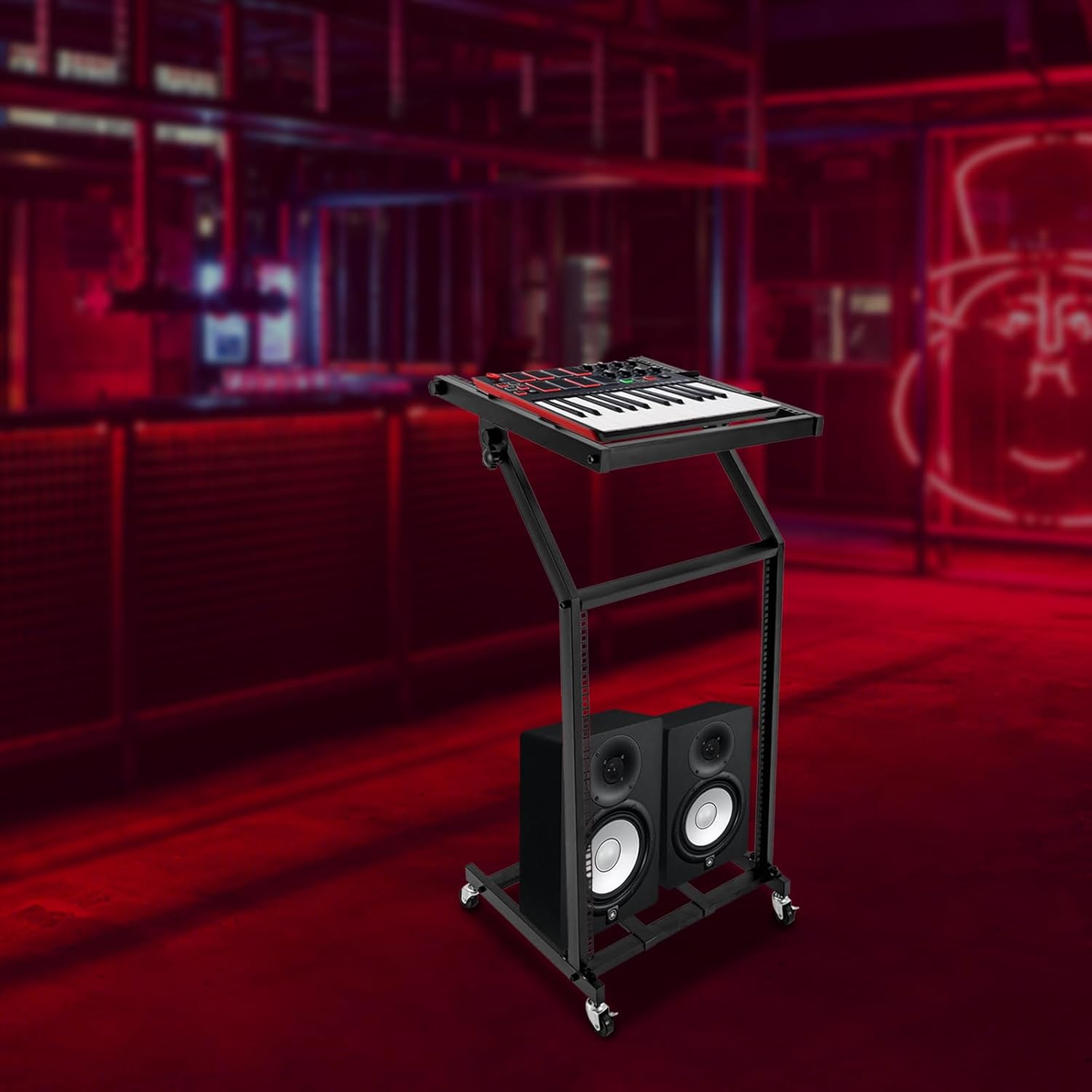 16U Professional DJ Stand Rack Mount DJ Mixer Stand Adjustable Stage Cart w/Wheel for Music Party Show Music Studios Performance Stages Concert Venues