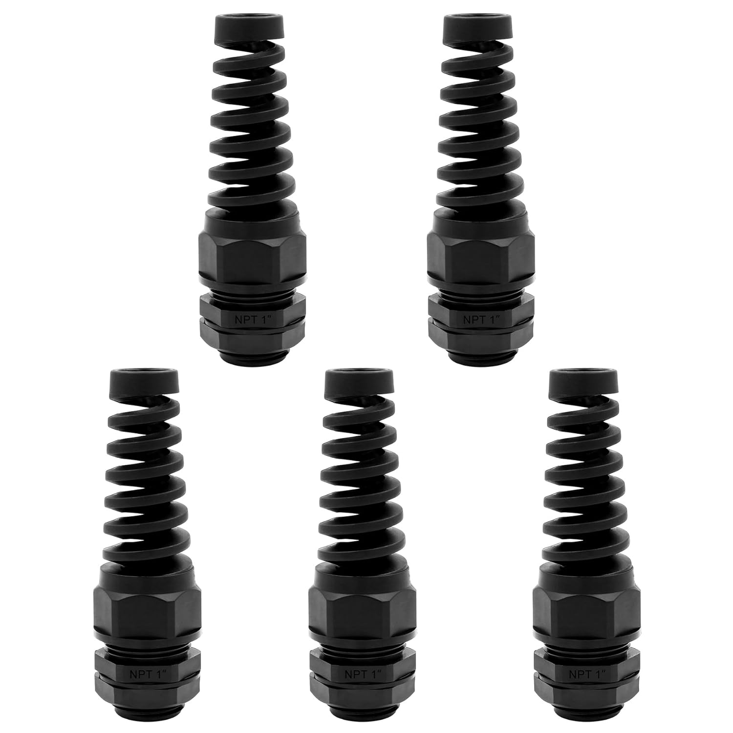 Strain Relief Cord Connector,LISTENJIALE 5Pcs NPT 1" Waterproof Cable Gland Flex Spiral Strain Relief Adjustable 18-25mm Cable Connector Nylon Joint with Gaskets(Black)
