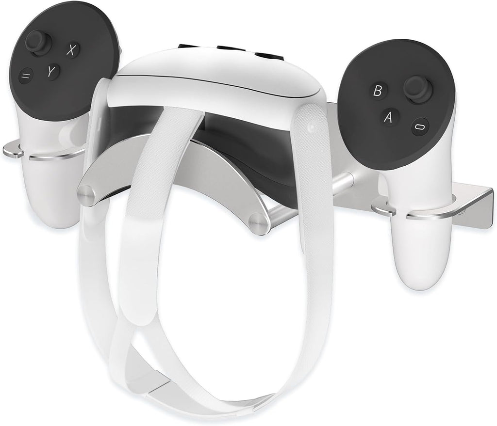 VR Wall Mount Aluminum Alloy,VR Headset Wall Mount Storage Stand Hook Compatible with Meta Quest 3/Quest Pro/Quest 2,Quest 3 Stand with 2 Storage Way,Desk Space Saving(Silver)