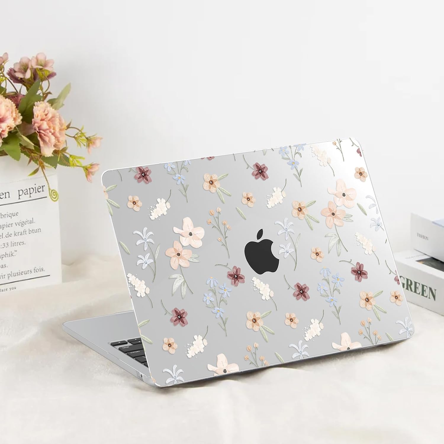 G JGOO Compatible with MacBook Air 13 inch Case 2025 2024 2023 2022 M4 A3240 M3 A3113 M2 A2681, Clear Plastic Hard Shell for MacBook Air 13.6 inch Case + Keyboard Cover + Screen Protector, Florets