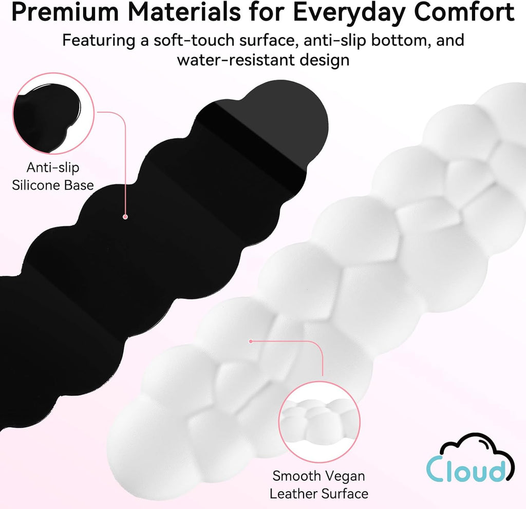 Cloud Wrist Rest for Computer Keyboard, 4-in-1 Memory Foam Leather Cloud Keyboard Wrist Rest and Mouse Pad Set with Ergonomic Support for Arm and Palm Cushion, Gaming/Work Setup, White