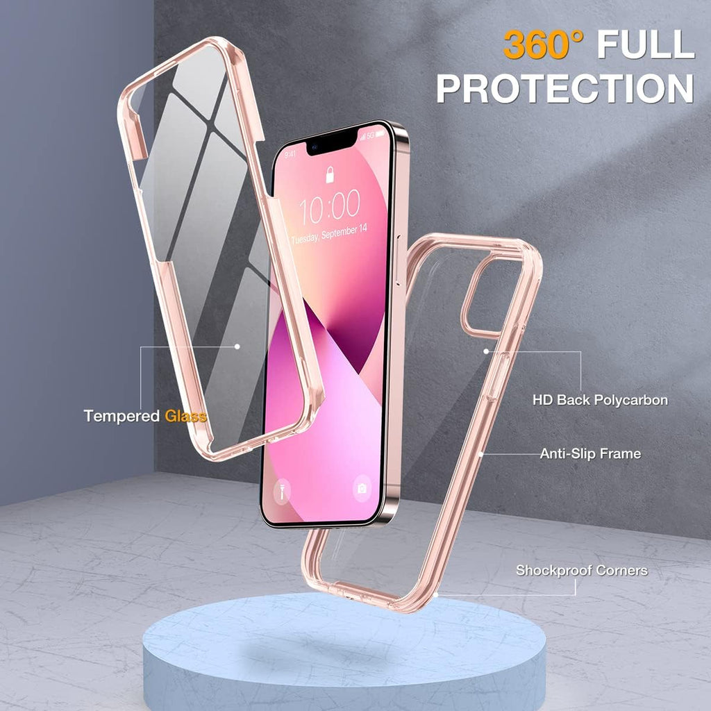 Miracase Glass iPhone 13 Case 6.1 inch, 2023 Upgrade Full-Body Clear Bumper Case with Built-in 9H Tempered Glass Screen Protector for iPhone 13,Clear Pink