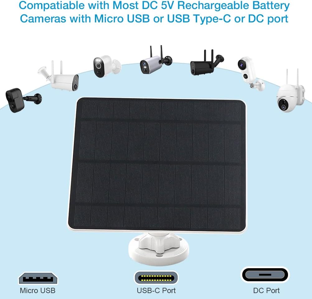 Solar Panel for Security Camera,5W USB Solar Panel for Cameras DC 5V,Camera Solar Panel Charger Micro USB & USB-C & DC,IP65 Waterproof Solar Panels with 9.8ft Cable,Adjustable Security Mount(2 Pack)