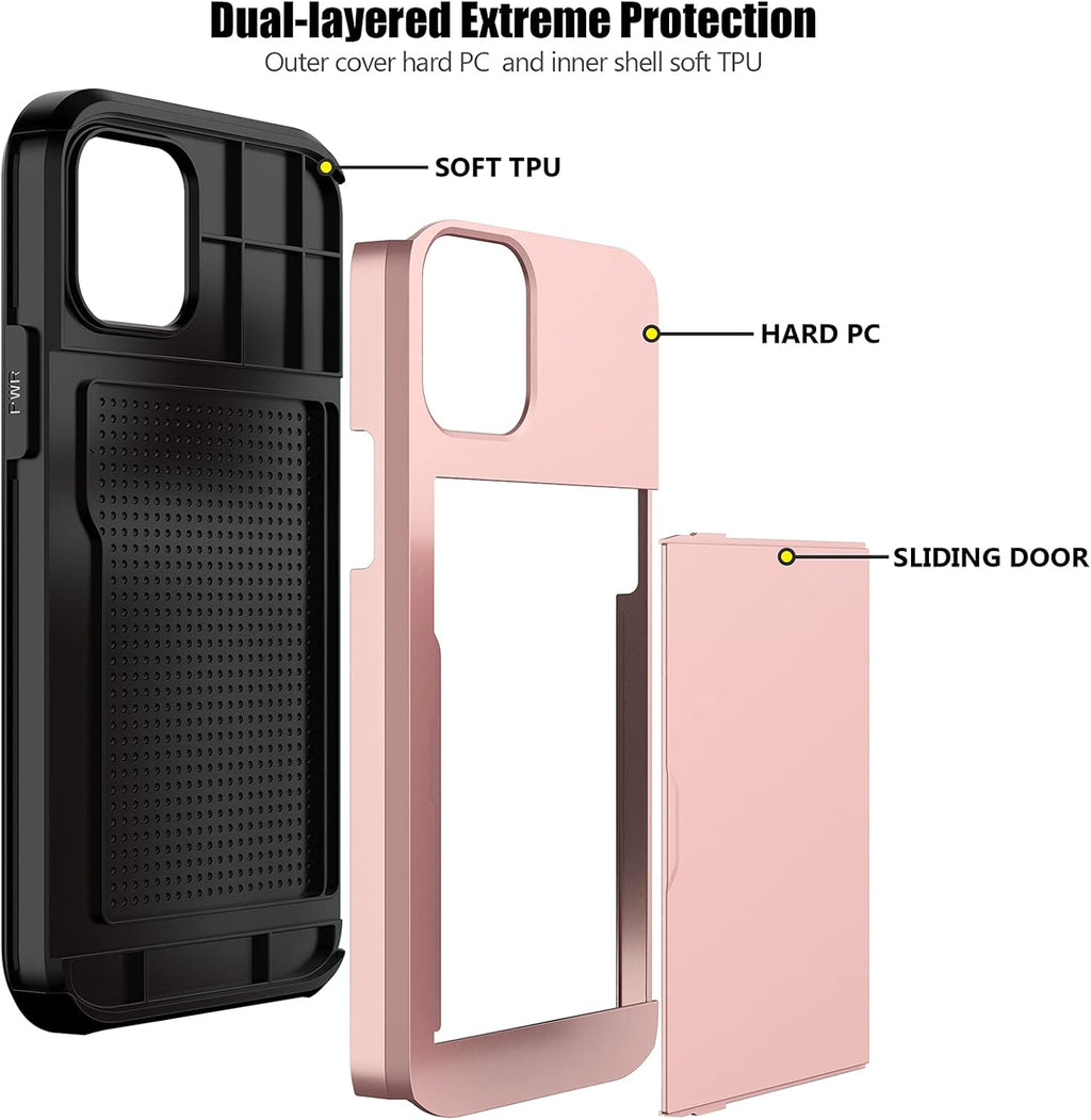Nvollnoe for iPhone 12/iPhone 12 Pro Case with Card Holder Heavy Duty Protective Dual Layer Shockproof Hidden Card Slot Slim Wallet Case for iPhone 12/12 Pro for Men&Women(Rose Gold)