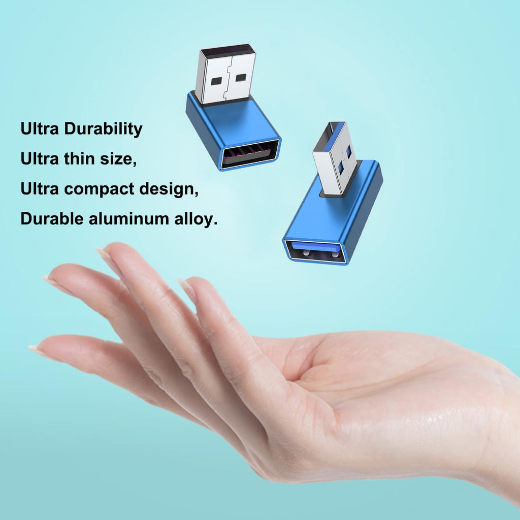 AreMe 90 Degree USB 3.0 Adapter 4 Pack, Up and Down Angle, Left and Right Angle USB A Male to Female Converter Extender for PC, Laptop, USB A Charger, Power Bank and More (Blue)