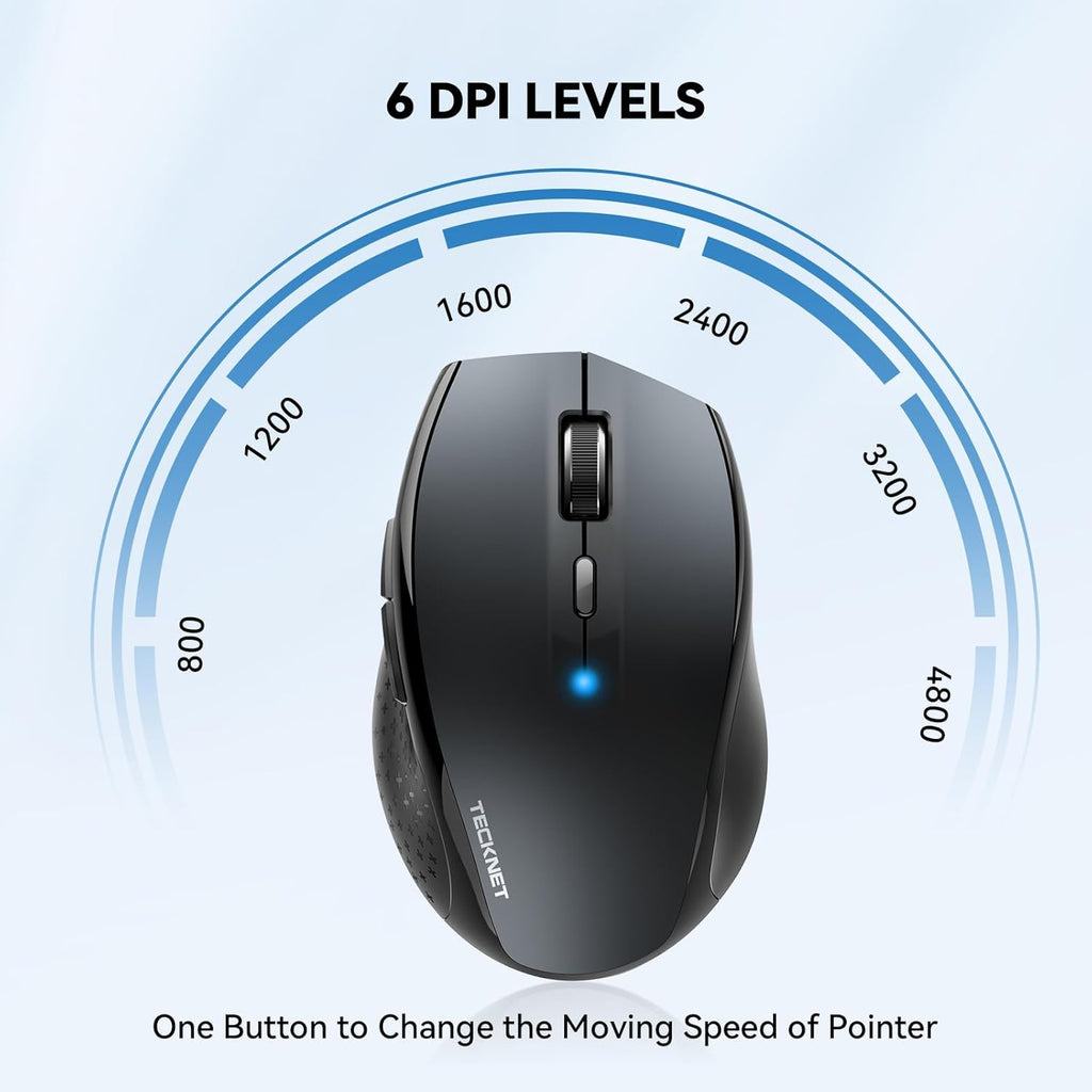 TECKNET Bluetooth Mouse, 4800 DPI Wireless Mouse, 2-Year Battery 6 Adjustable DPI, 6 Buttons Compatible with Laptop/Windows/Computer - Grey