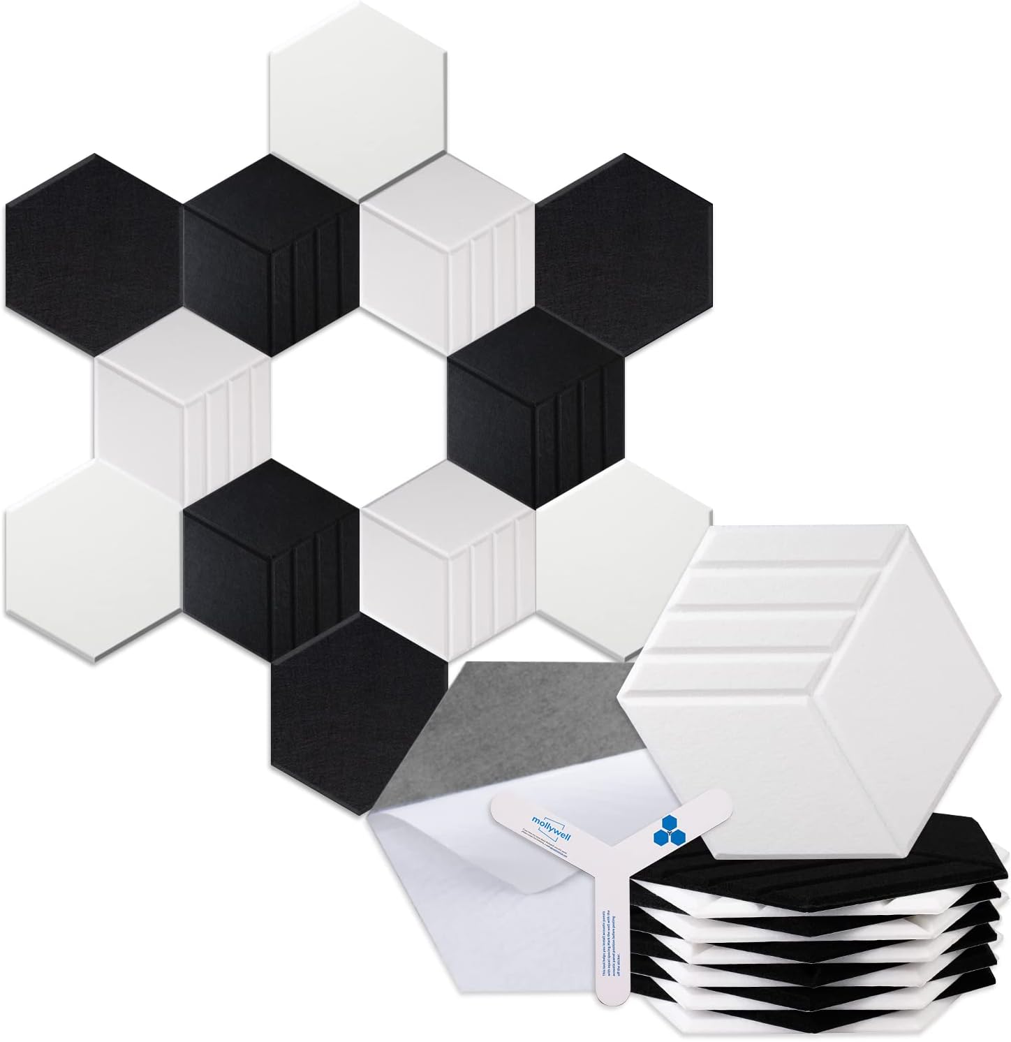 Mollywell Hexagon Acoustic Panels, Carved Patterns, Soundproofing, Decorative Noise Reduction Felt Wall Tiles for Ceilings, Home Office & Gaming Room (Black and White), 14x12x0.4 Inch