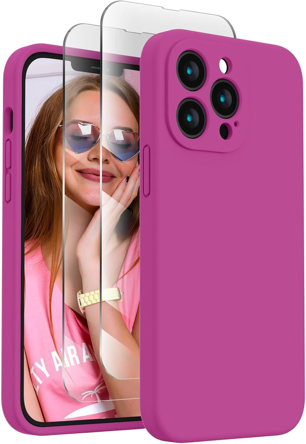 FireNova Designed for iPhone 13 Pro Case, Silicone Upgraded [Camera Protection] Phone Case with [2 Screen Protectors], Soft Anti-Scratch Microfiber Lining Inside, 6.1 inch, Shocking Pink